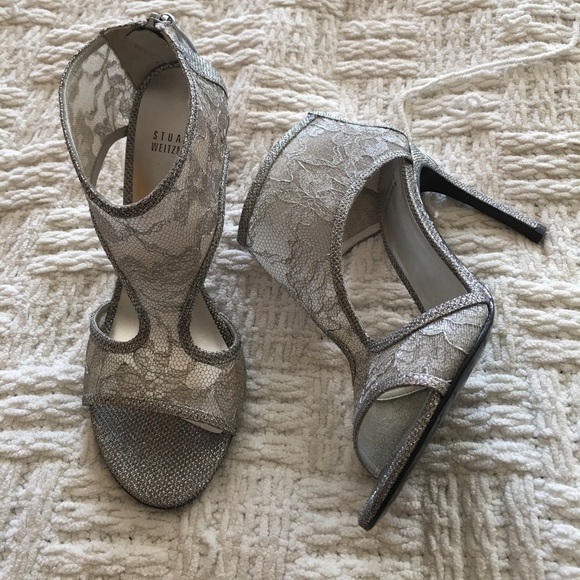 Stuart Weitzman Silver Lace Heel Sandal NWOT 38 - Picture 1 of 8